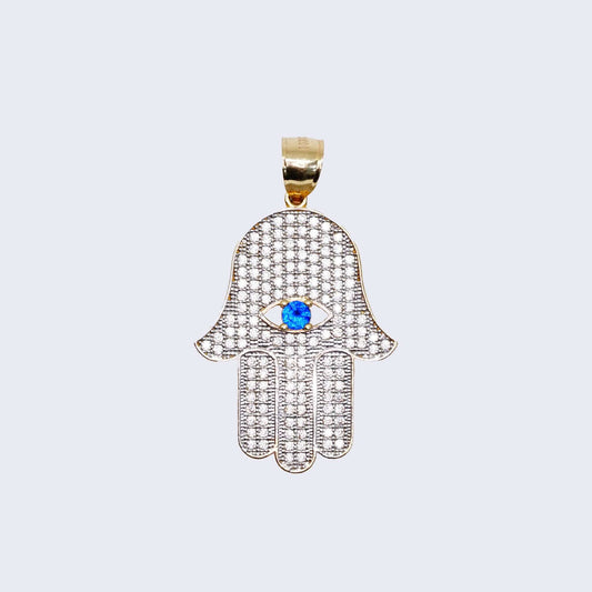 14K HAMSA CHARM WITH BLUE STONE &Cubic Zirconia