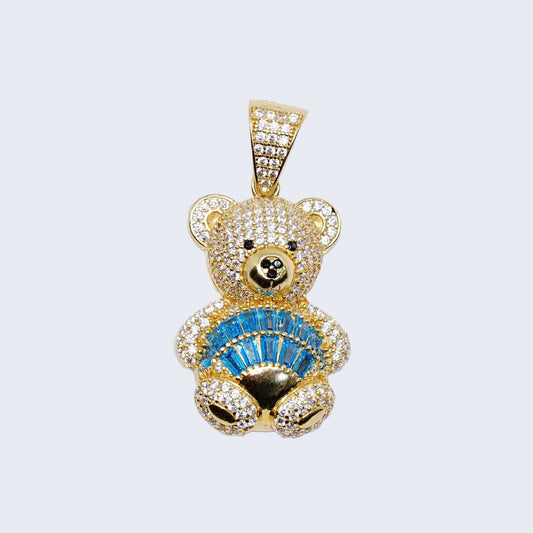 14K GOLD 3D TEDDY BEAR WITH LIGHT BLUE BELLY PENDANT CHARM