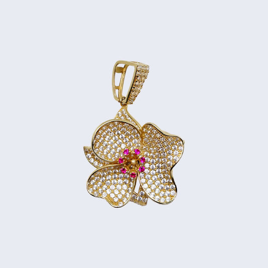 14K 3D FLOWER CHARM WITH RED & WHITE Cubic Zirconia