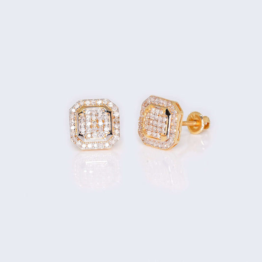 14K Yellow Gold Square Cushion Diamond Studs Earrings