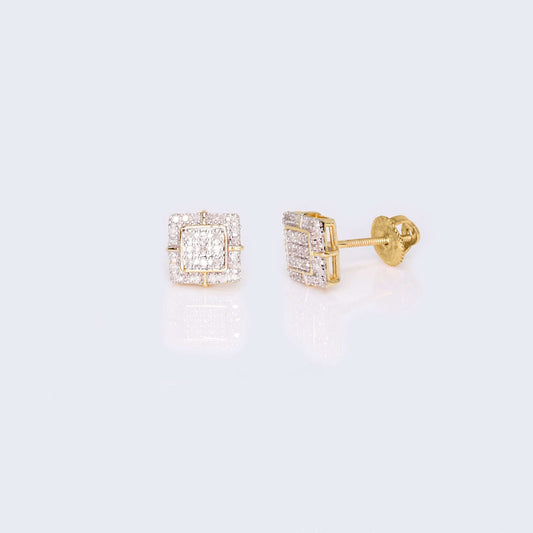 14K Yellow Gold Square Cushion Diamond Studs Earrings