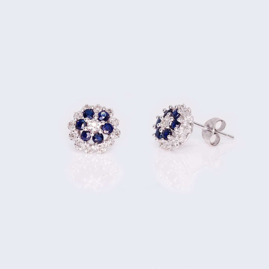 14K Gold Dark Blue Flower Design Diamond Earrings