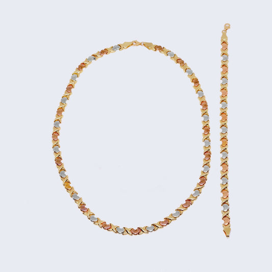 14K Three Tone Gold XOXO Heart Necklace & Bracelet Set