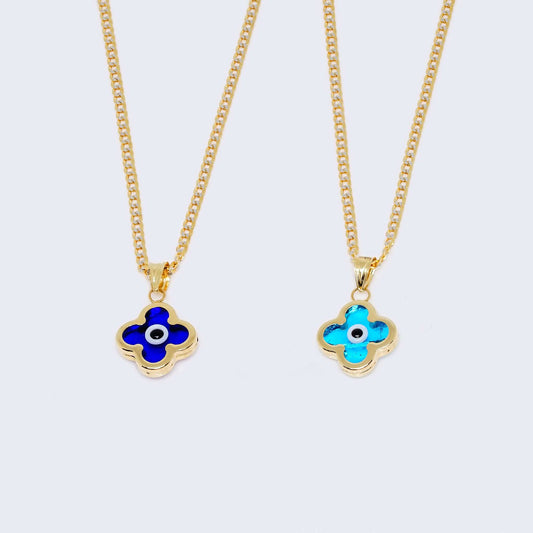 14K Colorful Clover (Blue or Turquoise) Pendant Charm with Solid Cuban Chain