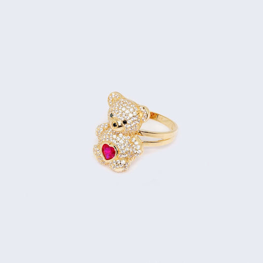 14K Gold 3D Teddy Bear and Cubic Zirconia Pink Heart