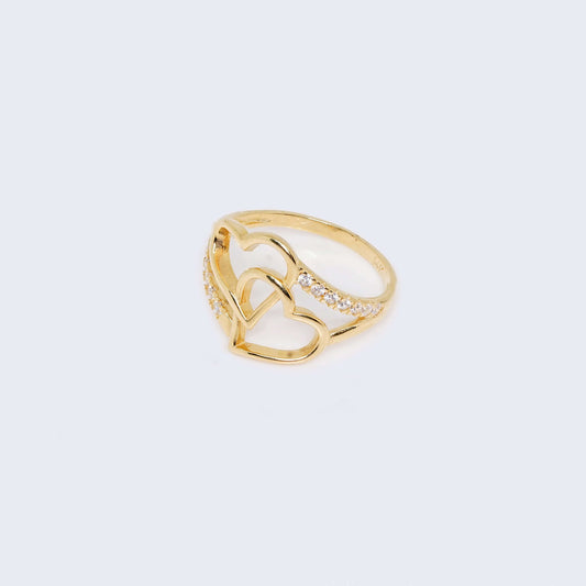 14K Gold Hollow Two Hearts Ring with Cubic Zirconia Zirconia