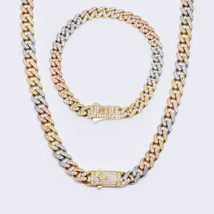 14K Tri-Colors Iced Out Flooded Cuban Chain Set