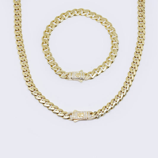 14K Cubic Zirconia Iced Out Flooded Cuban Chain Set