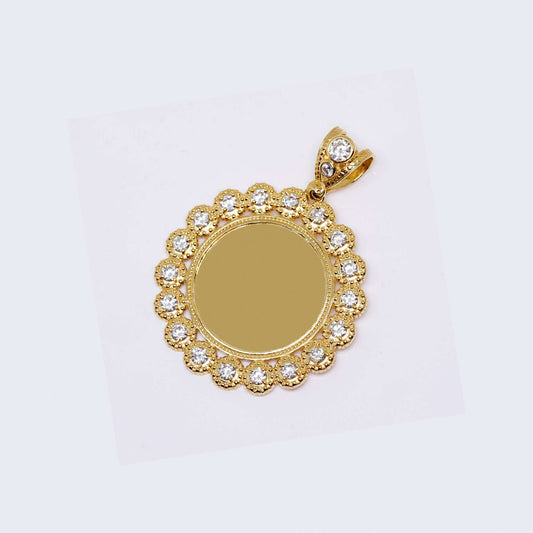 14K Gold Memory Circle Disk with Zirconia Stones Customizable Picture Pendant Charm