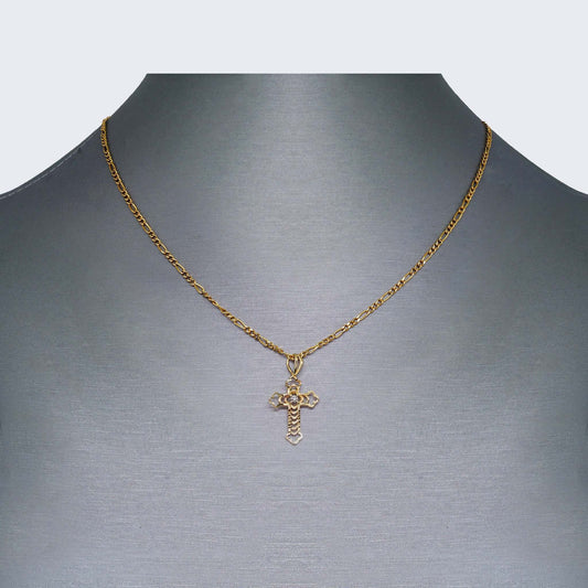 14K Gold Hollow Floral Cross Necklace Set