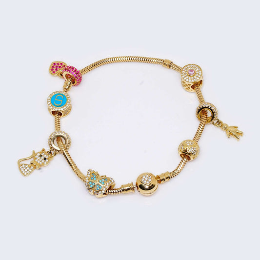 14K Gold Cat, Colorful, Butterfly Charm Bracelet