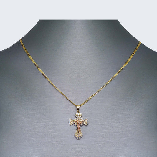 14K Gold Floral Cross Necklace Set