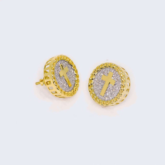 14K Yellow Gold Round Cushion Cross Diamond Studs Earrings