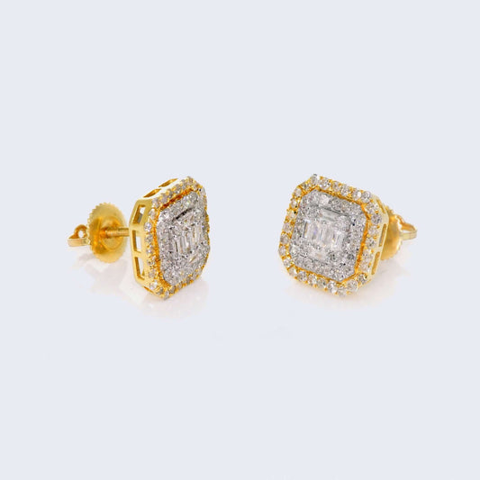 14K Yellow Gold Square Cushion Shape Diamond Studs Earrings