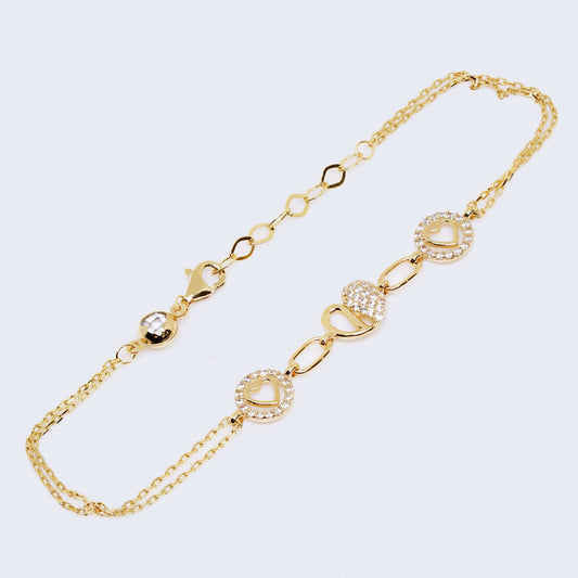 14K 3 Heart Bracelet with Zirconia Stones