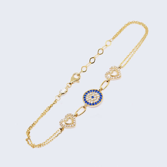 Two Heart With Evil Eye Decor Bracelet 14k