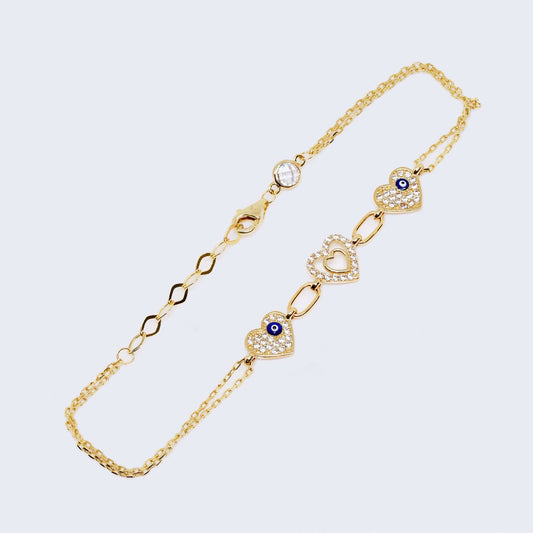 14K Gold 3 Heart Bracelet with Zirconia Stones & Evil Eye Decor