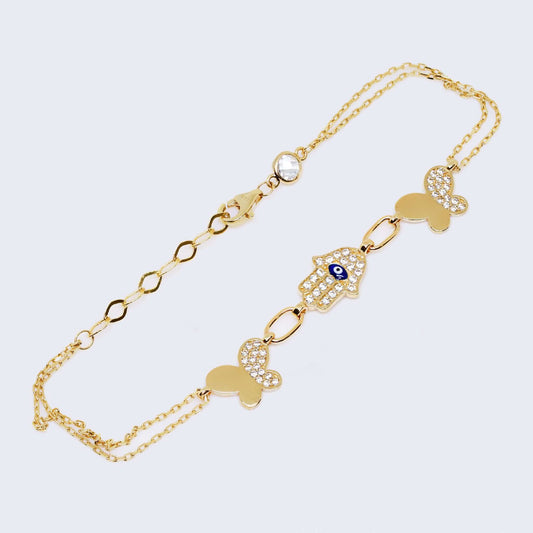 14K 2 Butterflies and Hamsa Bracelet with Zirconia Stones