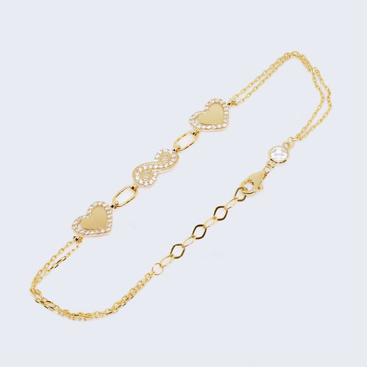 14K Gold 2 Hearts Bracelet with Zirconia Stones & Infinity