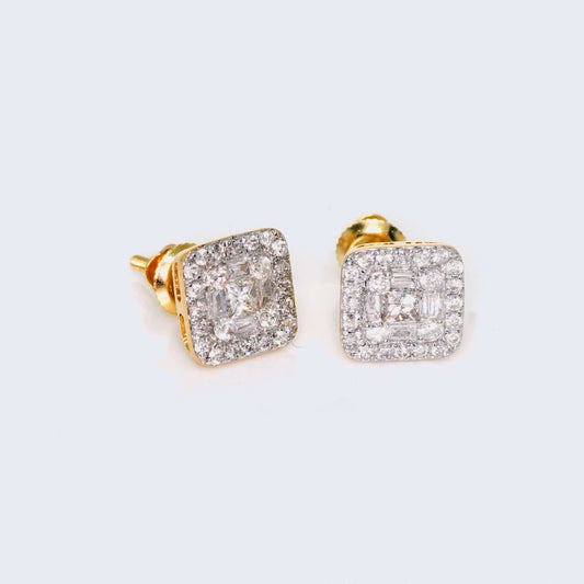 14K Yellow Gold Square Cushion Shape Diamond Studs Earrings