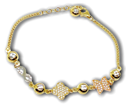 14K Gold Three Tone Diamond Cut Cable Link “Infinity, Clover and Butterfly” Charm Pendant Bracelet