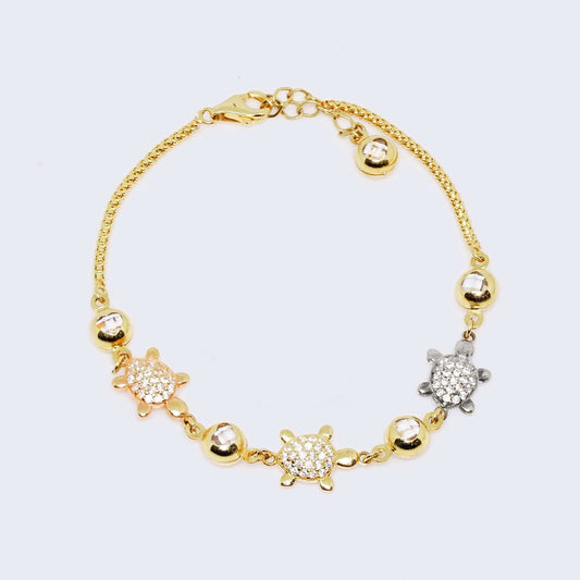 14K Three Toned Diamond Cut Cable Link Turtle Bracelet