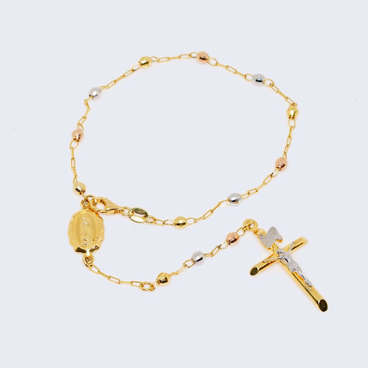 14K Three Tone Virgin Mary Rosary Bracelet with Dangling Cross 7 1/2”