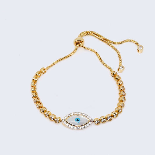 14K Gold Evil Eye Bracelet Adjustable with Zirconia Stones