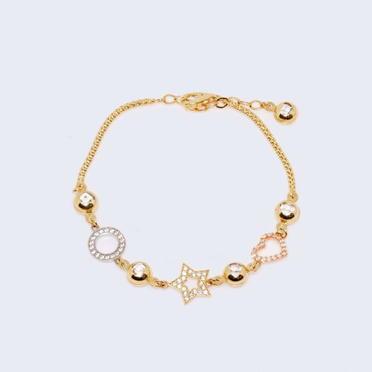 14K Three Tone Gold Circle, Star & Heart Statio Bracelet