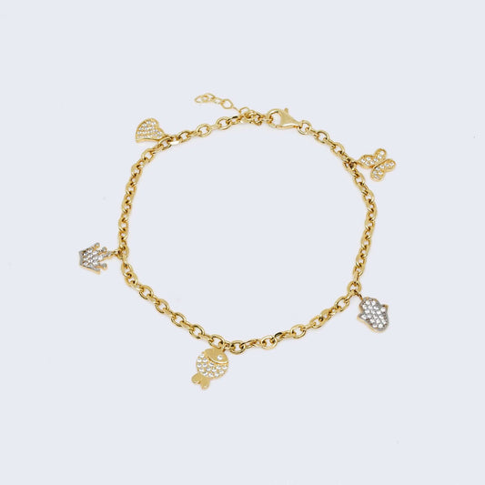 14K Gold Heart, Crown, Fish, Hamsa Hand & Butterfly Charm Pendant Bracelet