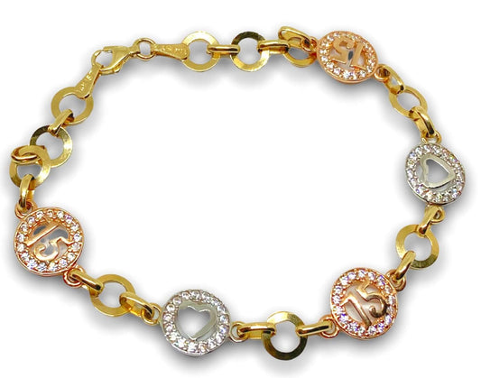 14K Gold Sweet 15 Three Tones Bracelet with Zircone Stones