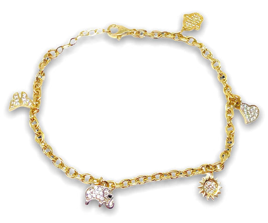 14K Gold Diamond Cut Cable Bracelet with Pendant Charms Butterfly, Elephant, Sun, Heart, Hamsa