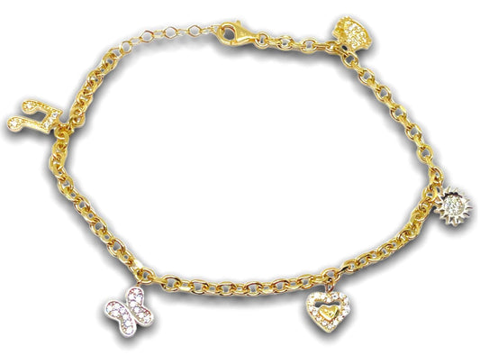 14K Gold Diamond Cut Cable Music Note, Butterfly, Heart, Sun & Hello Kitty Charm Pendant Bracelet