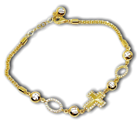 14K Gold Diamond Cut Cable Link Cross Bracelet