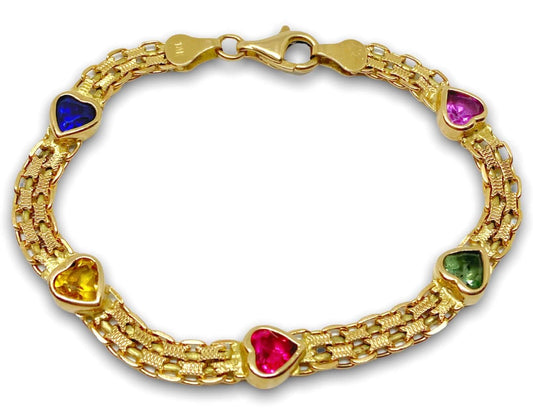 14K Gold Sweet Heart Color Gem Bismark Bracelet